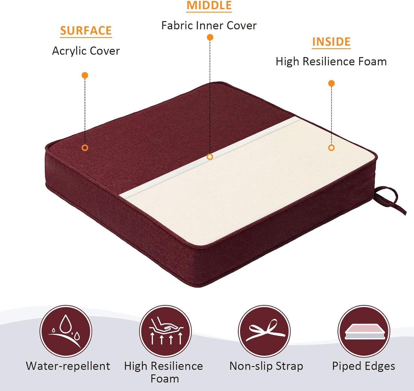 Sunbrella Square Corner Seat Cushions, 19" x 19" x 3", Set of 4, Indoor Outdoor Water Repellent Universal Chair Pads with Ties for Patio Furniture, Garden Dining Chairs, Spectrum Ruby