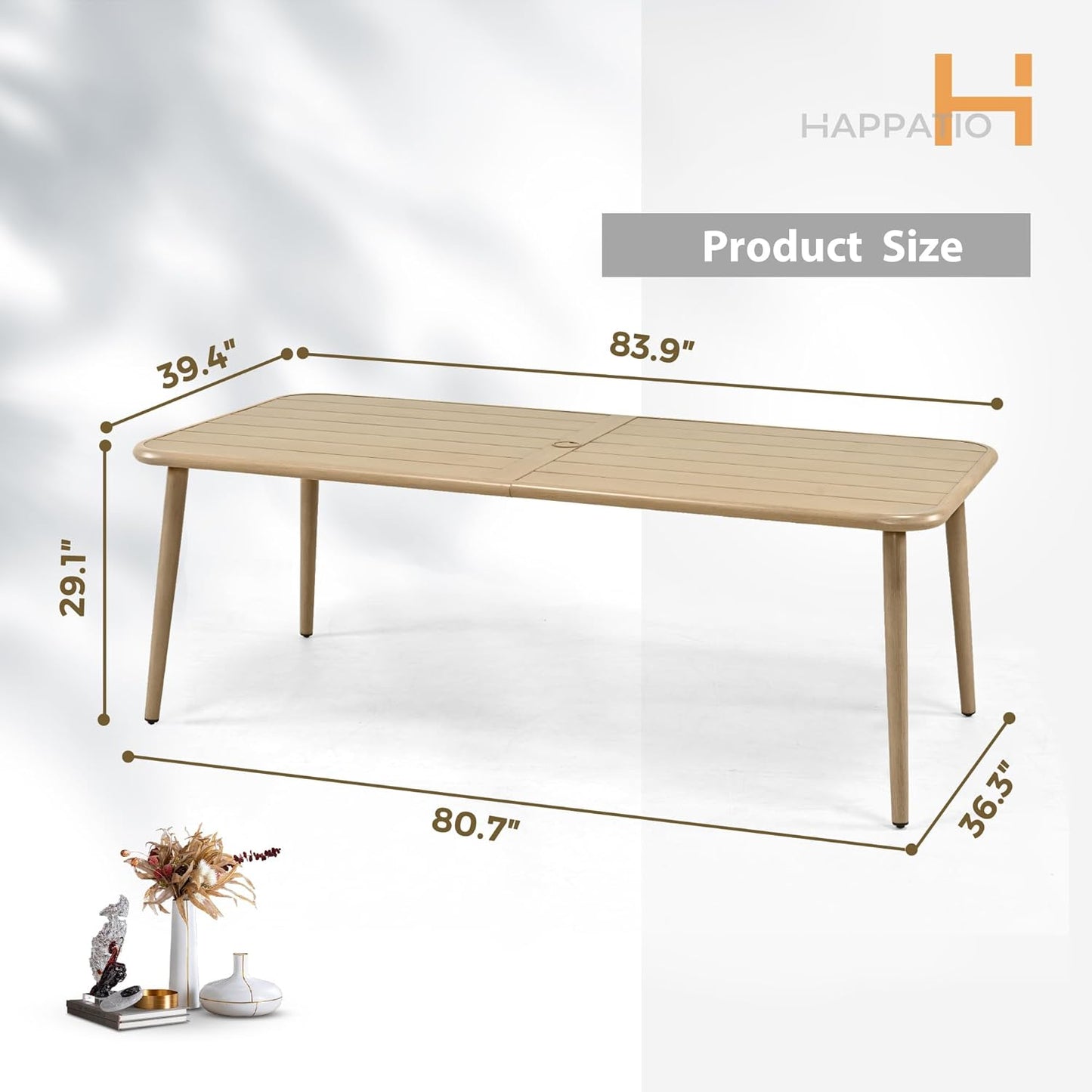 HAPPATIO Outdoor Dining Table for 8, Large Rectangular Aluminum Frame Patio Dining Table, Wood-Like Tabletop with 2" Umbrella Hole for Deck, Backyard, Lawn, Garden