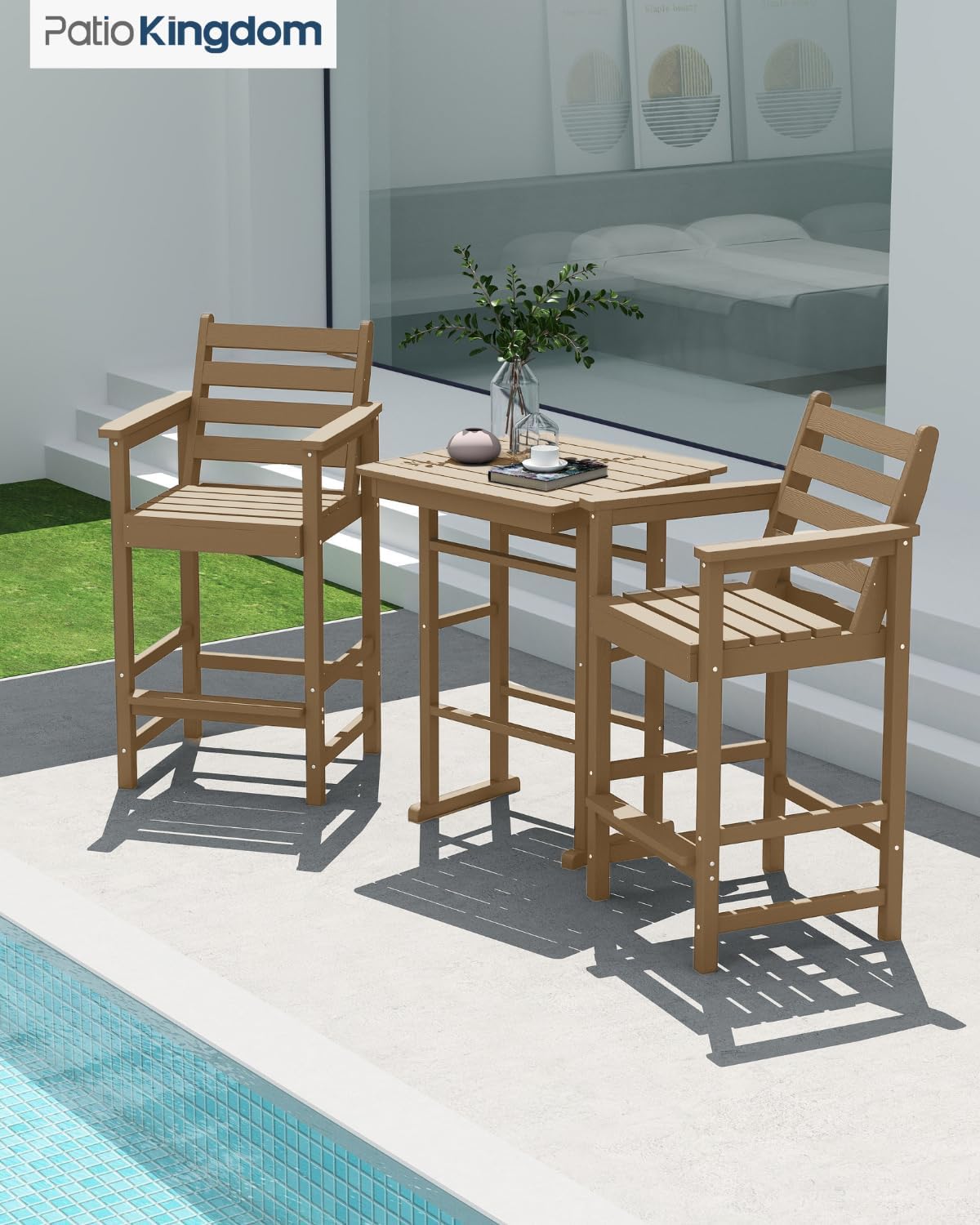 3-Piece Outdoor Bar Set with Beige 9FT Cantilever Umbrella, HDPE Tall Balcony Adirondack Chairs and Table, All-Weather Outdoor Bar Stools for Patio (Brown)