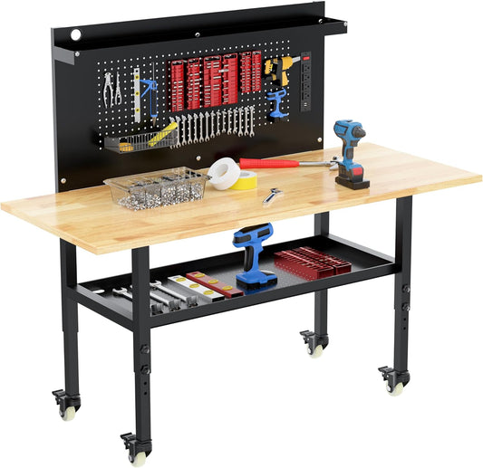 60" Heavy Duty Adjustable Workbench with Large Pegboard& Partition, Adjustable Work Table with Power Outlets & Lockable Wheels, Rubber Wood Workstation for Garage, Workshop, Office, Home, Commercial