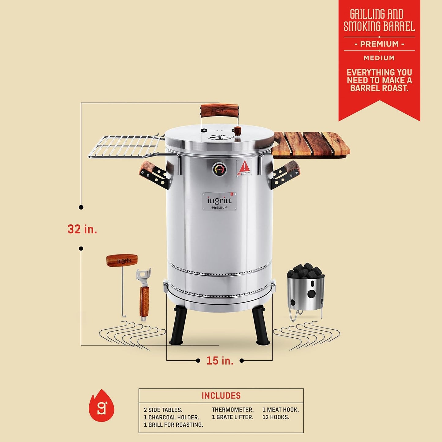 Charcoal Grills - 25 lbs Stainless Steel Smoker Grill 3-in-1 for Cooking & Home BBQ - Portable Vertical Smoker Barrel for Outdoor Grilling & Camping - Meat Grill with Thermometer & Accessories