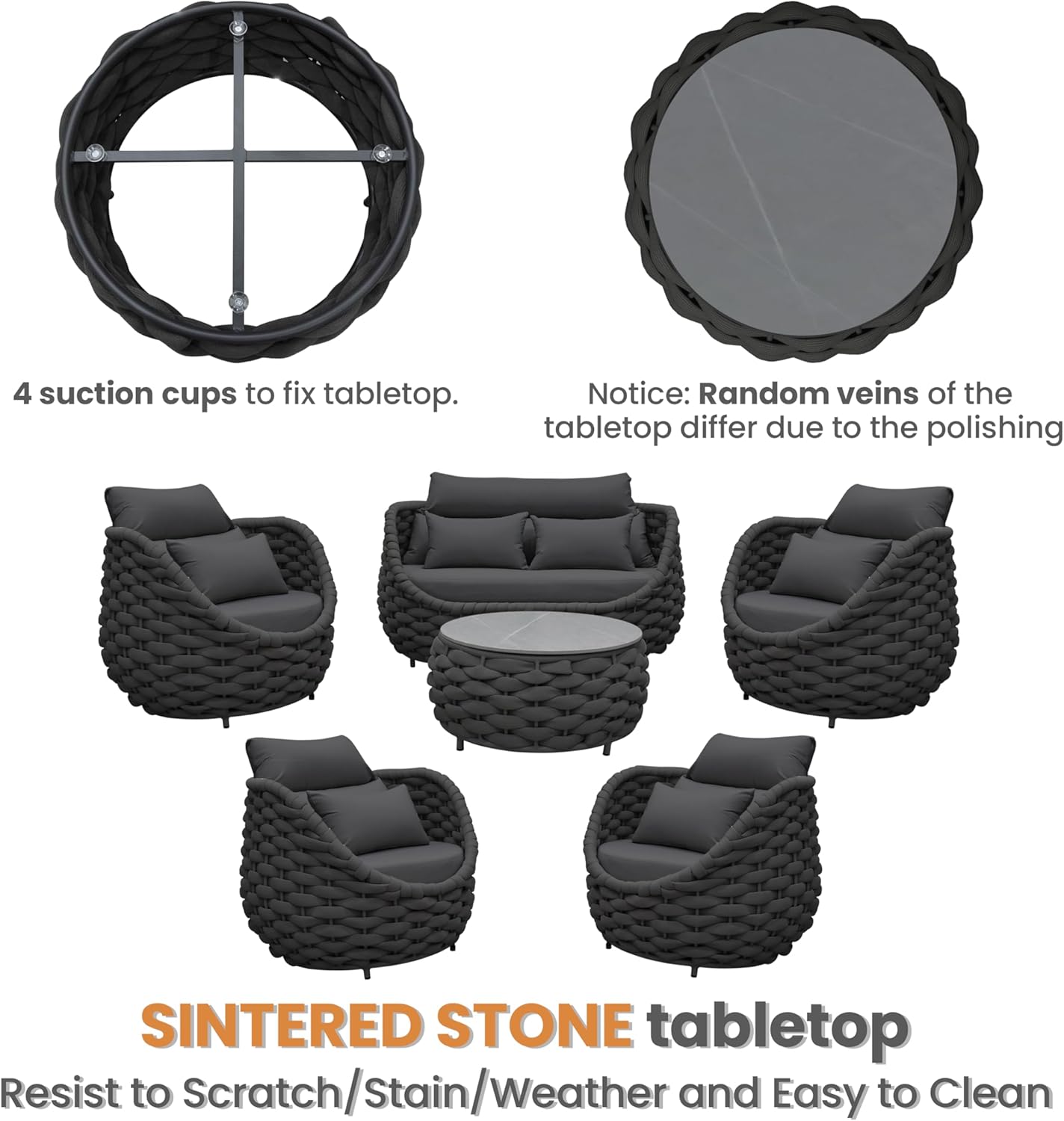 Rope Outdoor Patio Furniture Set: 6 Pieces Aluminum Porch Conversation Sofa Set - Modern Woven Deck Couch Set Cushioned - No Assembly All Weather for 660lbs Yard Garden Lanai Hotel, Dark Gray