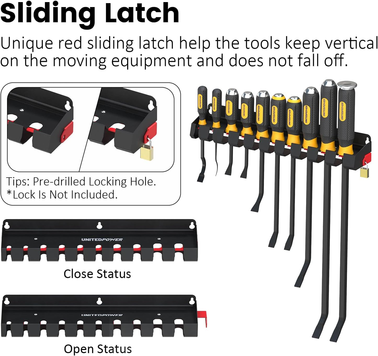 UNITEDPOWER Pry Bar Holder, Lockable Wall Mount Storage Rack Organizer for Workshop, Shed, Garage, Home, Stores up to 10 13 Tools or Extensions