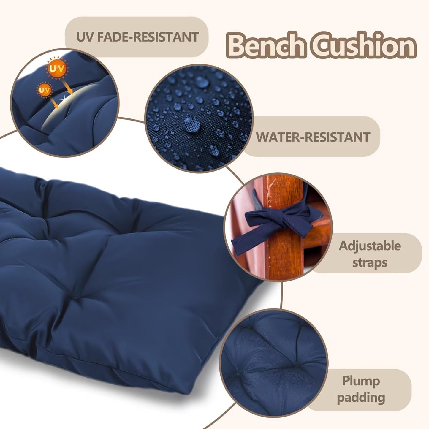 47.3 in Waterproof Indoor/Outdoor Garden Bench Seat Cushions，Thicken Patio Bench Soft Rocking Chairs Pad Lounger Seat for Wicker Loveseat Settee（47.3 X 19.6 in，Navy）