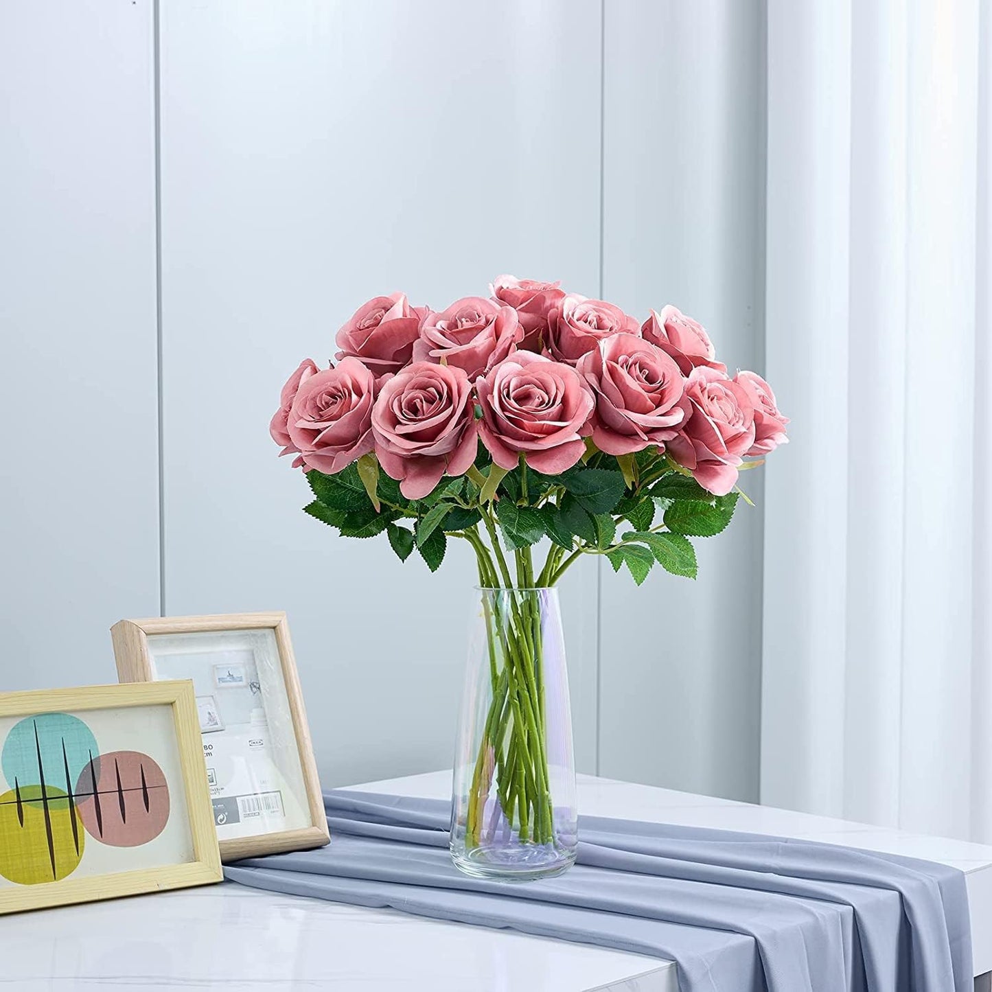 12pcs Roses Artificial Flowers Fake Roses Dusty Rose Pink Silk Roses Silk Flowers Rose with Long Stems for Wedding Home Party Centerpieces Decorations