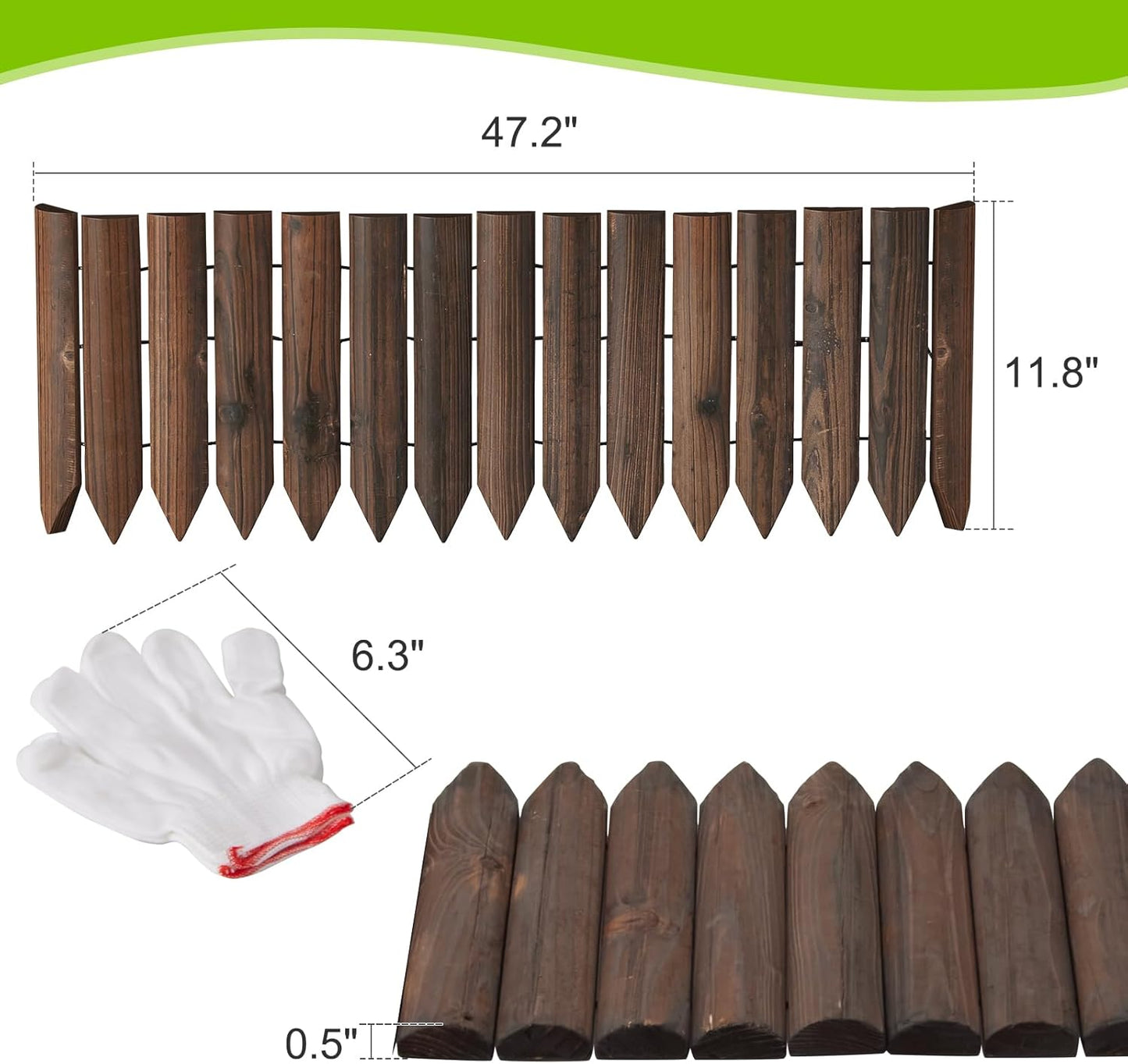 Wood Garden Edging Border Wooden Short Fence Landscape Edging Anti Corrosive Lawn Fence Border with Gloves Decorative Flower Bed Border for Yard Patio Pathway Tree Outdoor-47.2" L X 11.8" H (3PACK)