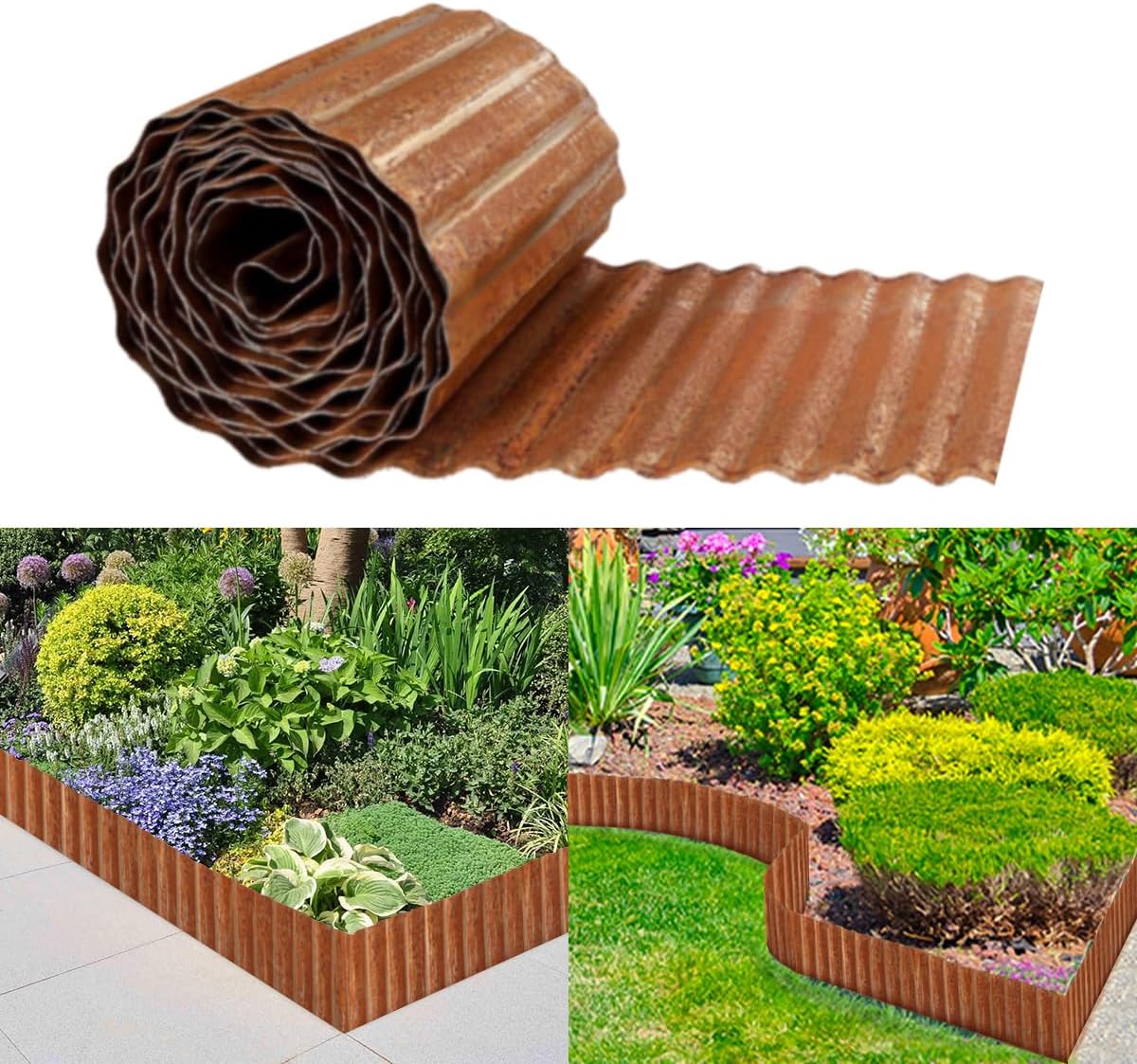 Landscape Edging Border 10in x 20ft- Corrugated Metal Garden Edging-Lawn Edging Borders-Galvanized Edging Long Strips Yard Border for DIY Flower Beds, Plants, Walkways-Brown