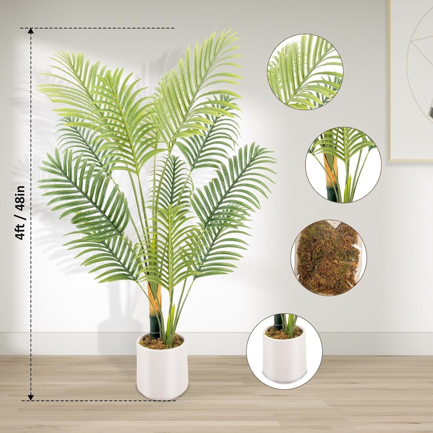 Artificial Fake Palm Tree 4FT 1Pack with White Planter & Free Moss, UV Resistant Artificial Palm Tree for Outdoors, Fake Plants for Poolside Home Room Decor, Faux Plants Outdoor Decor