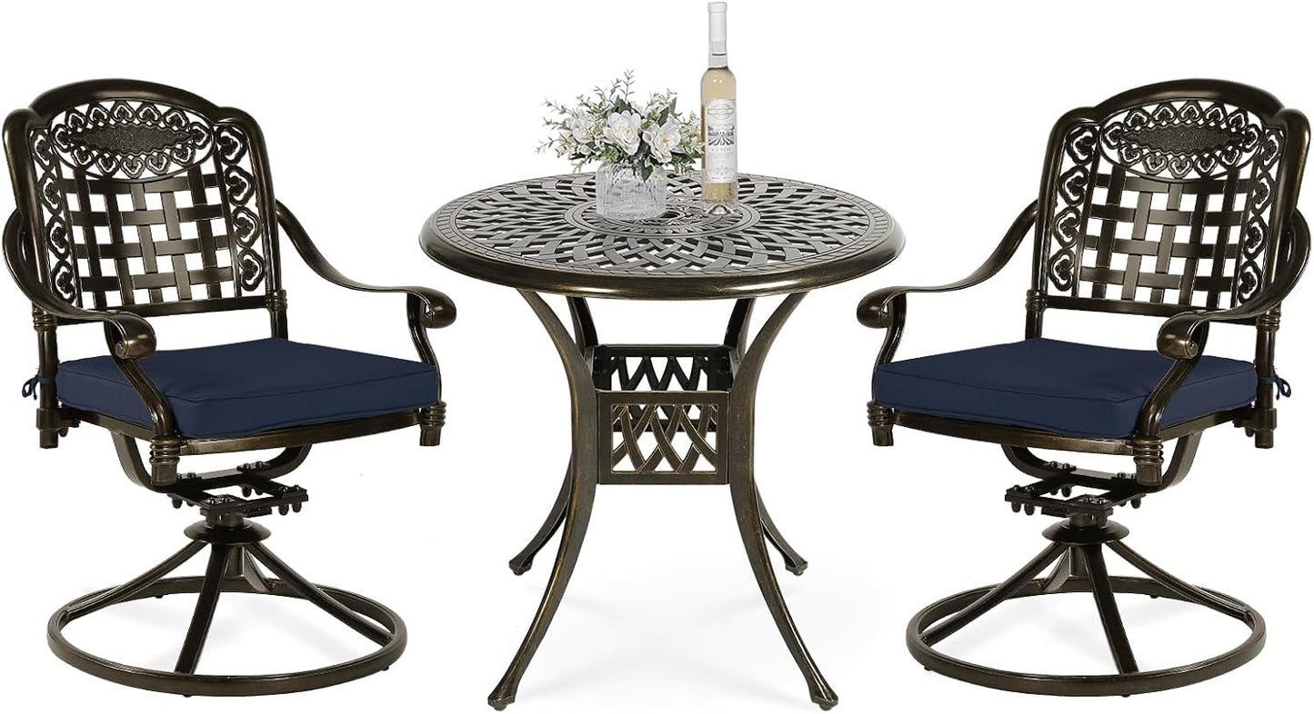 VIVIJASON 3-Piece Patio Bistro Set, Outdoor All-Weather Cast Aluminum Furniture Dining Set, Include 2 Swivel Chairs and 31" Round Table w/Umbrella Hole for Balcony, Lawn, Garden (Navy Blue Cushion)