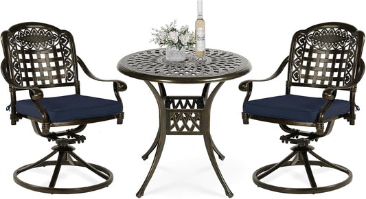 VIVIJASON 3-Piece Patio Bistro Set, Outdoor All-Weather Cast Aluminum Furniture Dining Set, Include 2 Swivel Chairs and 31" Round Table w/Umbrella Hole for Balcony, Lawn, Garden (Navy Blue Cushion)
