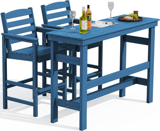 SERWALL Outdoor Bar Table and Chairs Set, Adirondack Bar Chairs Set of 2 and Bar Height Table, All Weather HDPE Outdoor Patio Bar Set, Outdoor Furniture for Outside, Poolside, Backyard, Garden, Blue