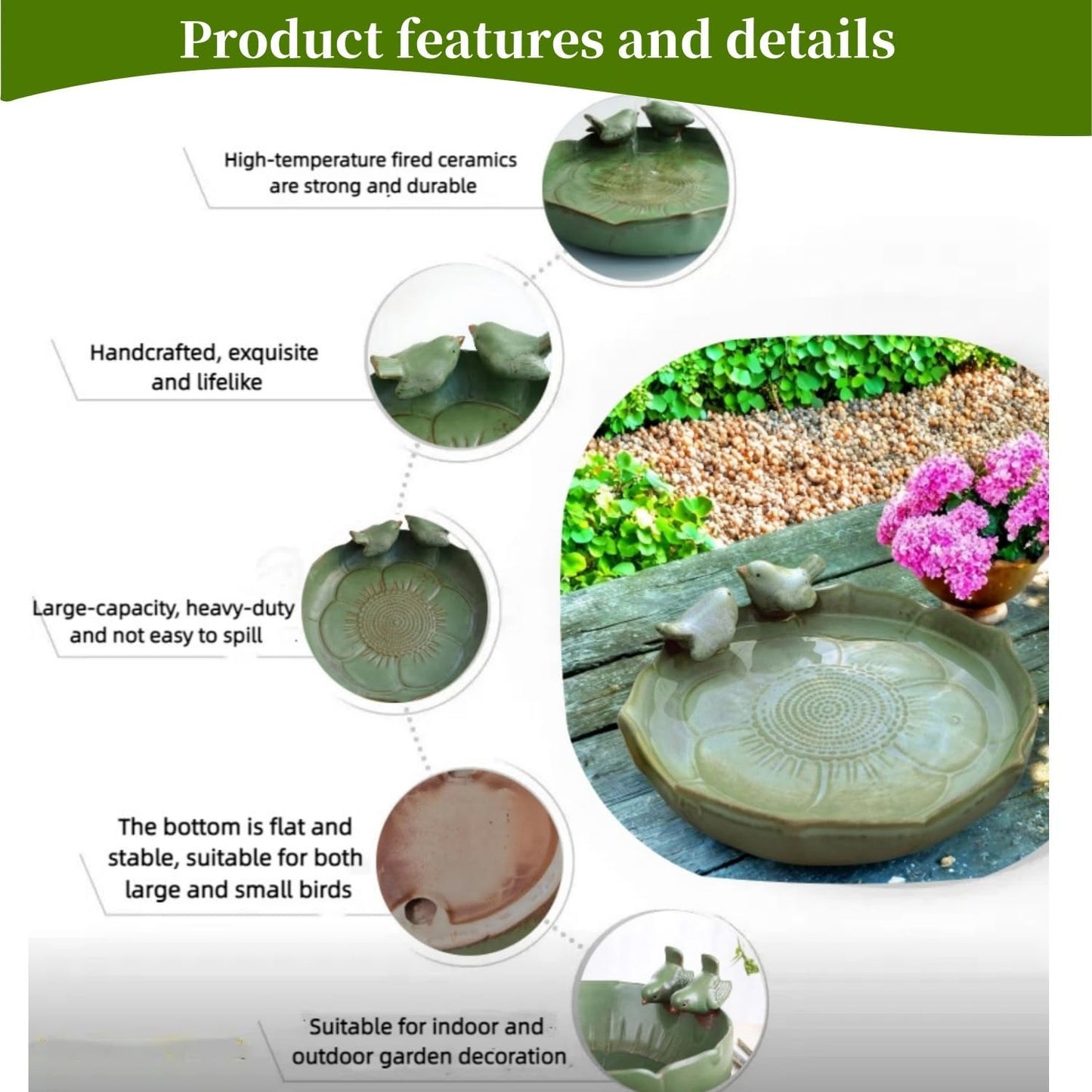 Bird Bath for Outside on Ground, 10 in Ceramic Birds Bath Bowl, Handmade Ground Bird Feeders and birdbath for Outdoors for Outdoors, Garden, Tabletop, Balcony and Lawn (Big - deep)