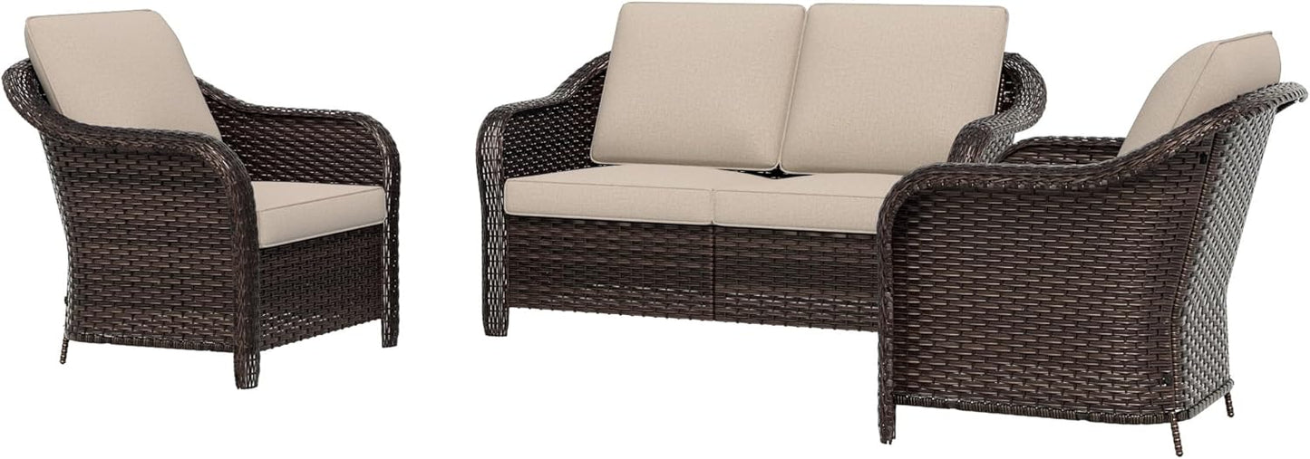 3 Piece Patio Wicker Conversation Set, All-Weather Use Outdoor Wicker Loveseat with 2 PE Rattan Chair, Ideal for Porch, Backyard, Balcony, Poolside, Beige