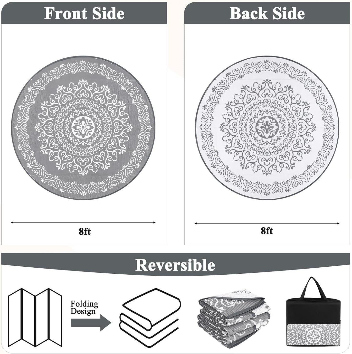 Pauwer Waterproof Outdoor Rug 8ft, Reversible Plastic Straw Patio Camping Rug, Indoor Outdoor RV Mat Carpet for Deck, Camper, Porch, Balcony, Backyard, Picnic, Floral Grey