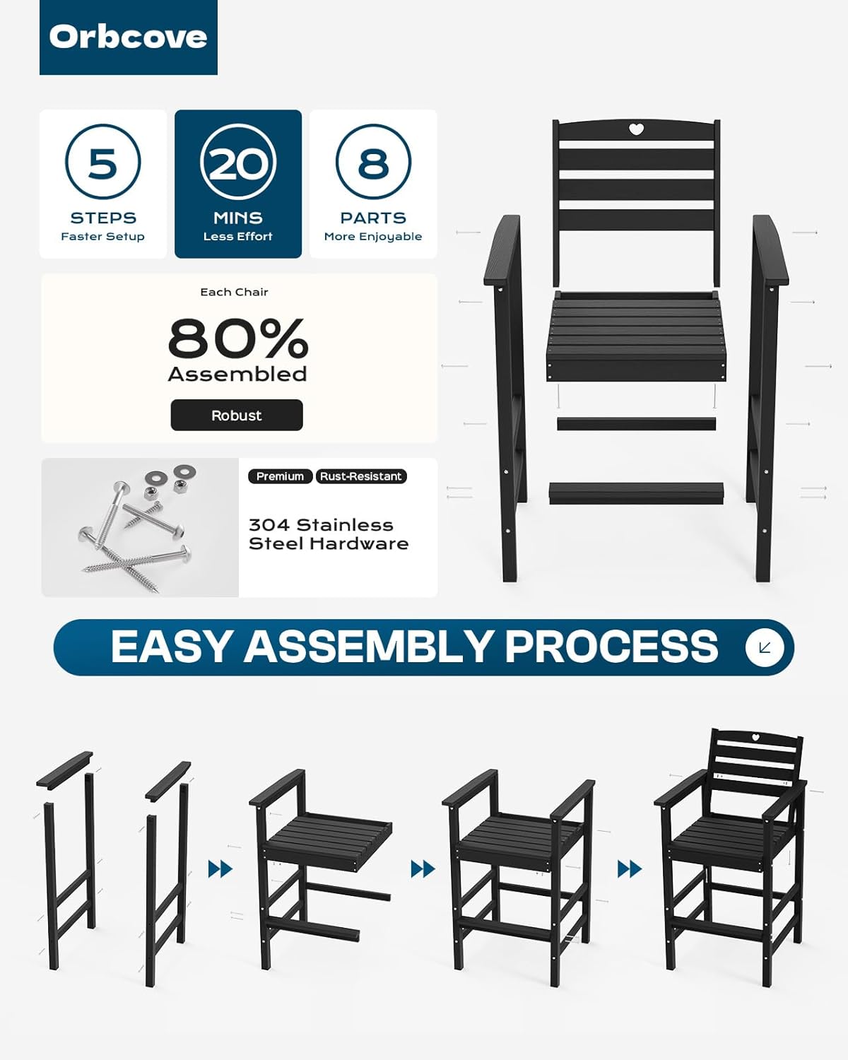 5-Piece Bar Height Outdoor Table and Chairs Set, HDPE Wood Grain Patio Bar Table and Chairs with Heart Cutout Design, Weather-Resistant Bar Height Furniture for Deck, Porch, Pool (Black)