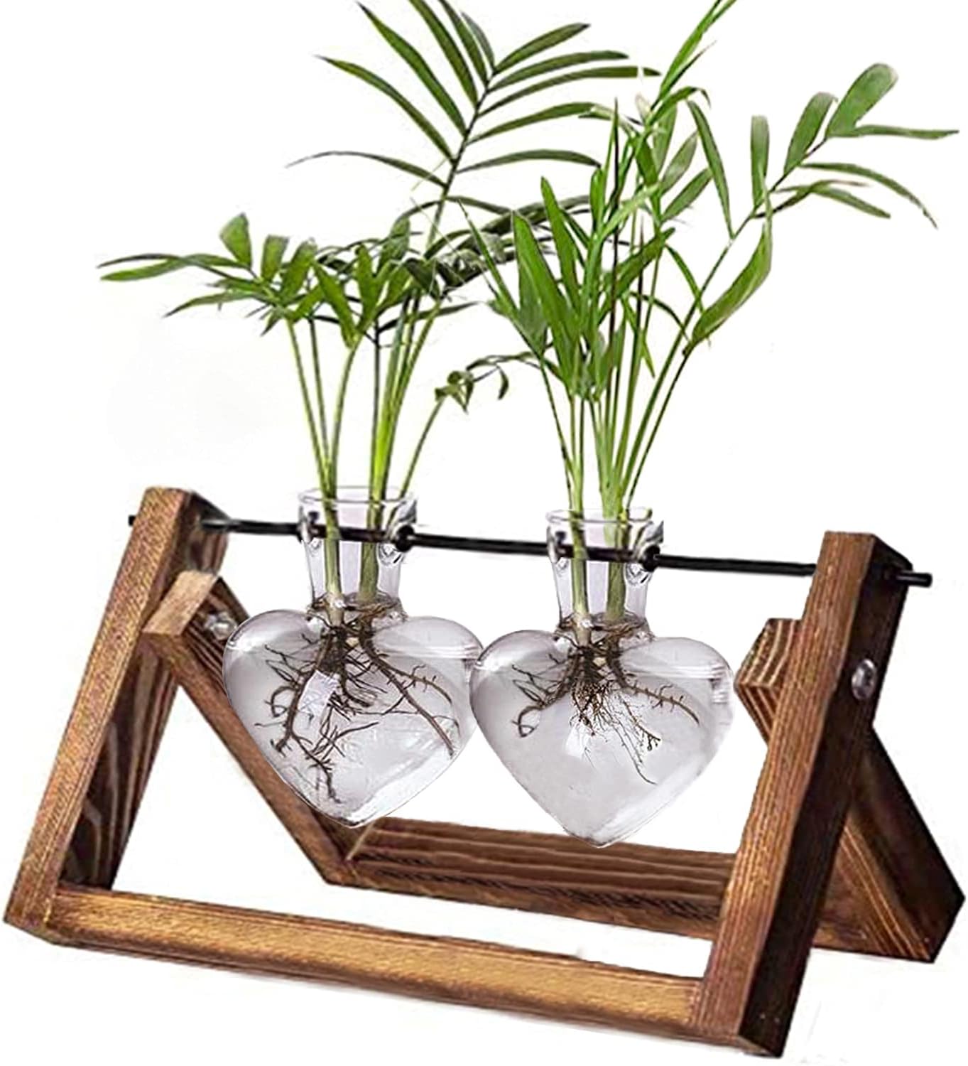 Kingbuy Glass Desktop Planter with Retro Wooden Stand and Plant Terrarium Vase (2 Hearts) for Indoor Home Office Desk Decor Accessories