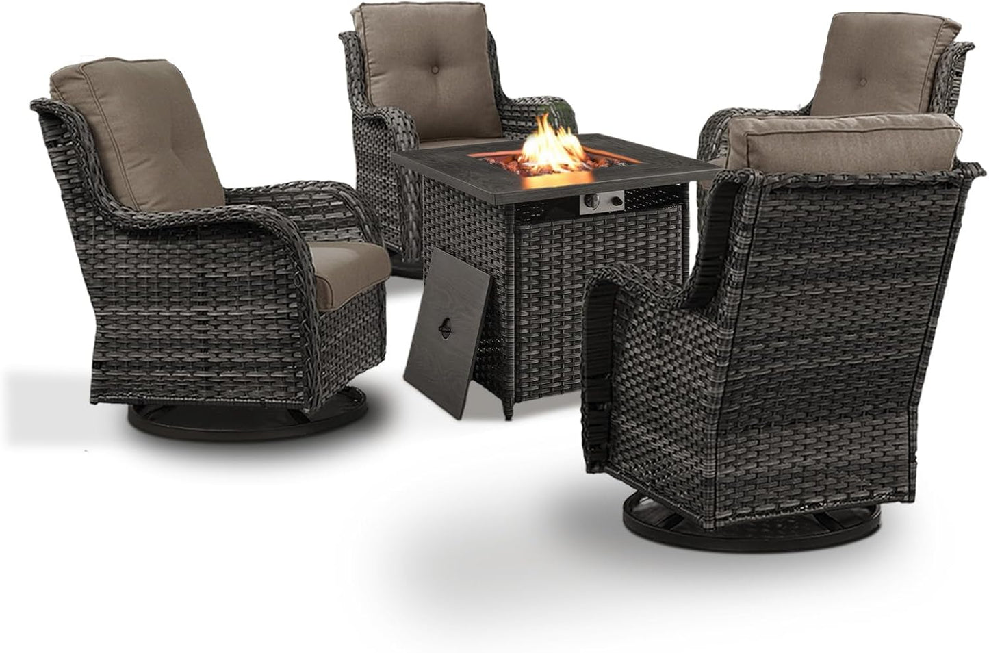 5 Pieces Patio Wicker Furniture Set - 4 Outdoor Swivel Rocker Glider Chairs with 50000BTU Propane Fire Pit Table, Patio Conversation Set Blue Cushion Perfect for Casual Gathering