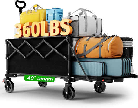 Extra Large Foldable Wagons Extended, 250L Collapsible Wagon with Tailgate, 49”L Folding Wagons with Brakes, Grocery Wagon, Utility Cart for Sports, Shopping, and Camping, Black