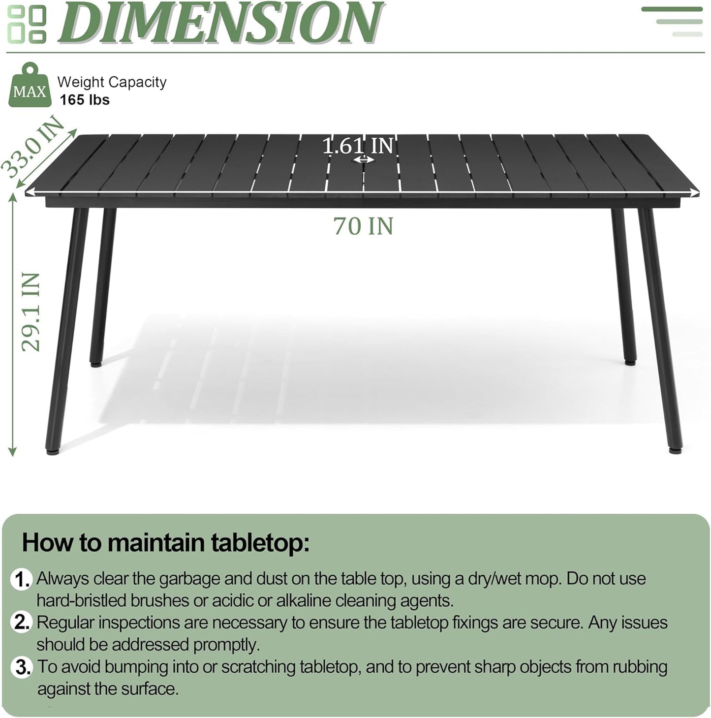 Outdoor Dining Table for 6, 70inch Patio Dining Table with Wooden-Like Top and Aluminum Frame, Rectangular Table with Umbrella Hole Outdoor Furniture, Only Table, Black