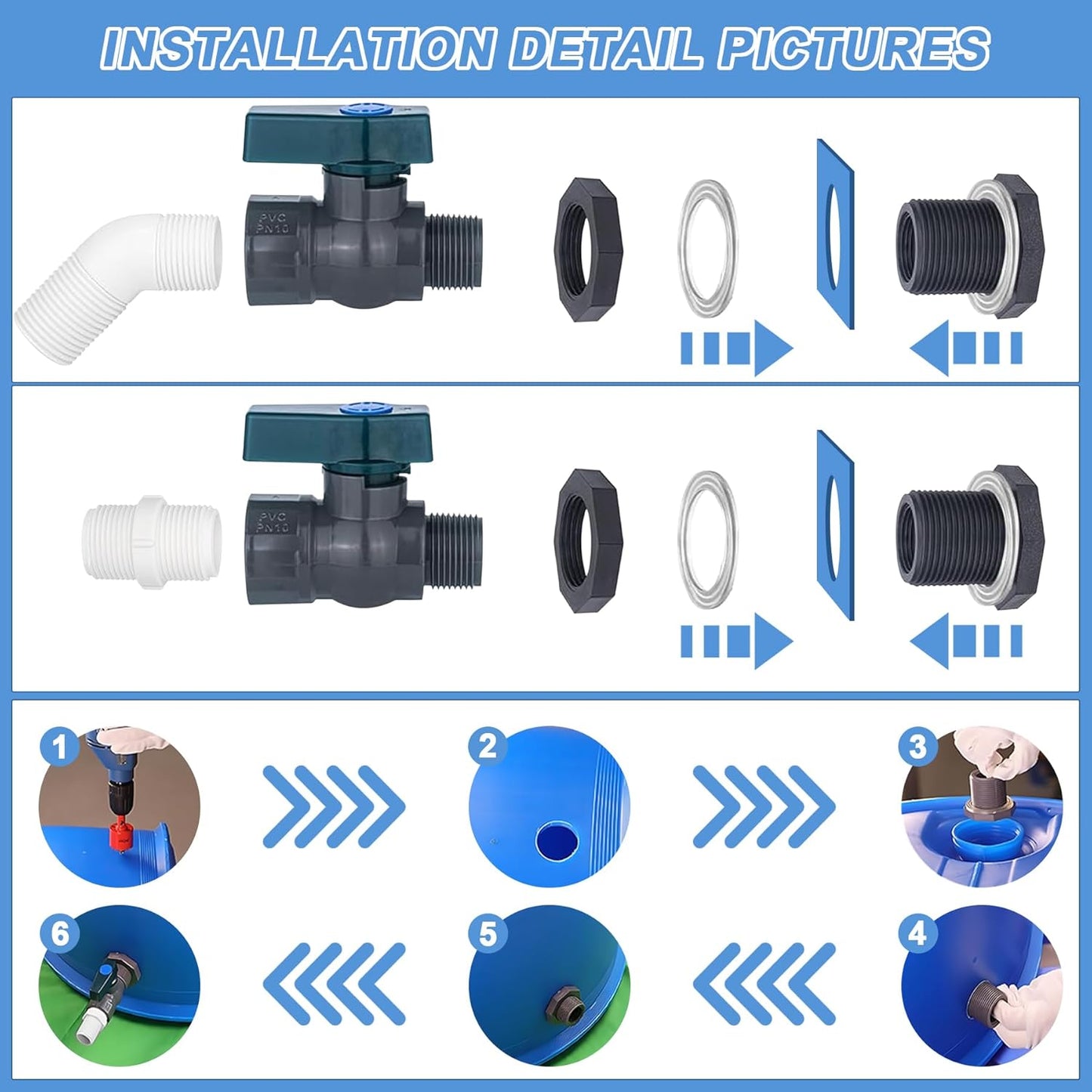 PVC Rain Barrel 45° Elbow, 3/4" Rain Barrel Valve with Bulkhead Connector and Hose Adapter, Garden Faucet Kit for Water Tanks, Aquariums, Bathtubs, Pools, Garden Buckets