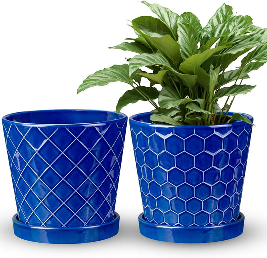 EFISPSS 6 Inch Pots for Indoor Plants,Ceramic Plant Pots,Planters with Drainage Hole and Saucer, Flower Pots Desktop Office Windowsill Decoration Gift Set of 2 - Sapphire Blue