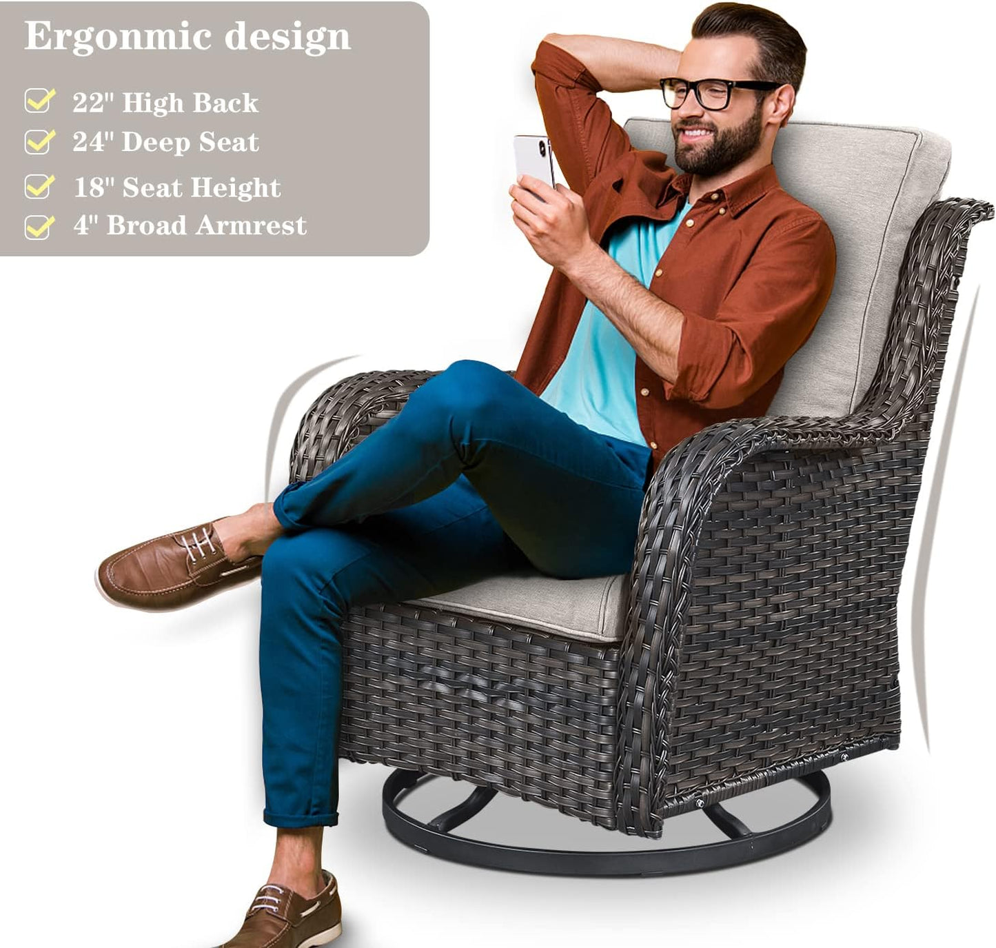 Wicker Outdoor Furniture Patio Furniture Set - 6 Piece Patio Conversation Set with Swivel Rocker Chairs, Loveseat Sofa, Ottomans and Coffee Table, Beige Cushion