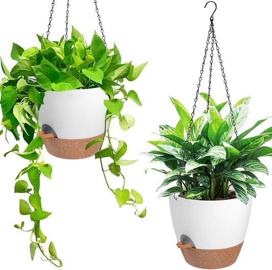 Hanging Planters for Indoor Outdoor Plants, 2 Pack Self Watering Hanging Pot with Drainage Holes & Removable Tray (White, 6'')