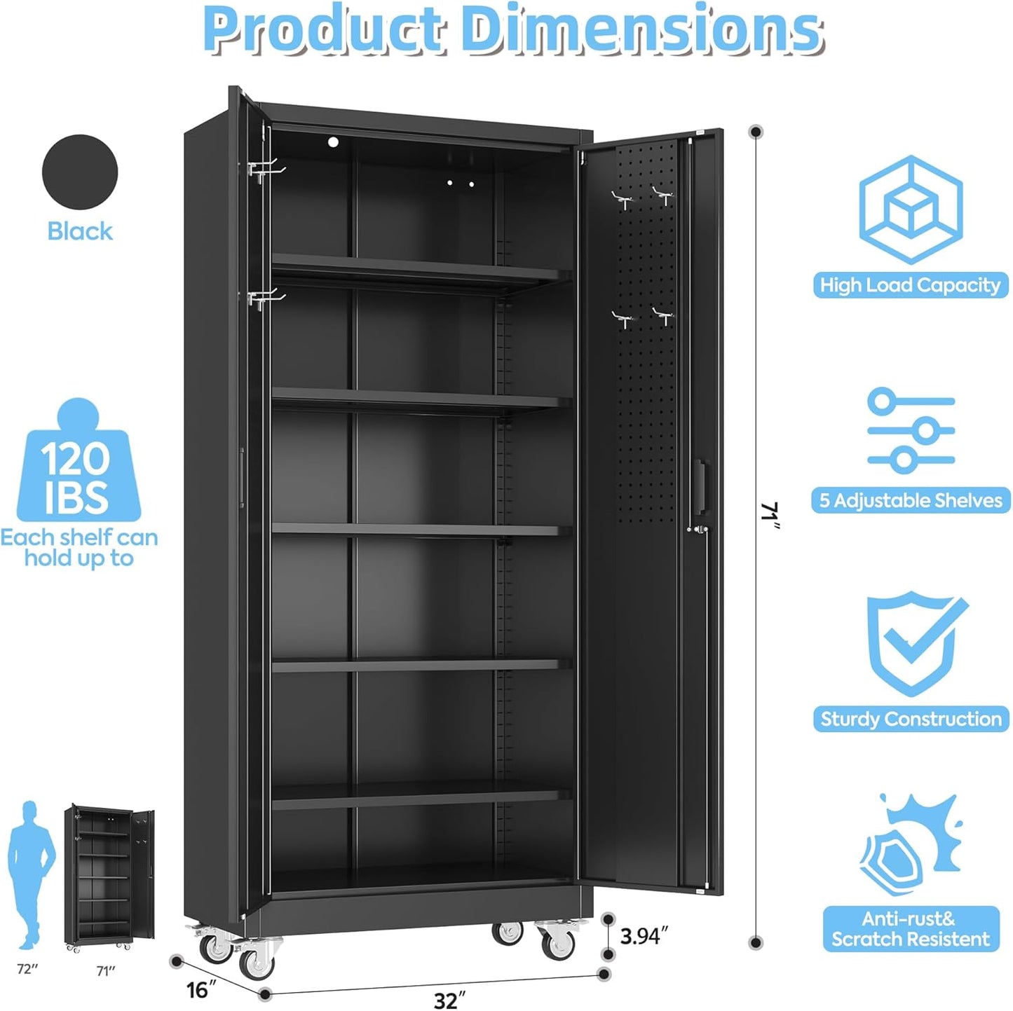 Metal Garage Storage Cabinet with Wheels & Pegboard, Lockable Metal Storage Cabinets with 2 Doors&5 Adjustable Shelves for Garage&Home,Assembly Required,Black 71''H x32''W x16''D