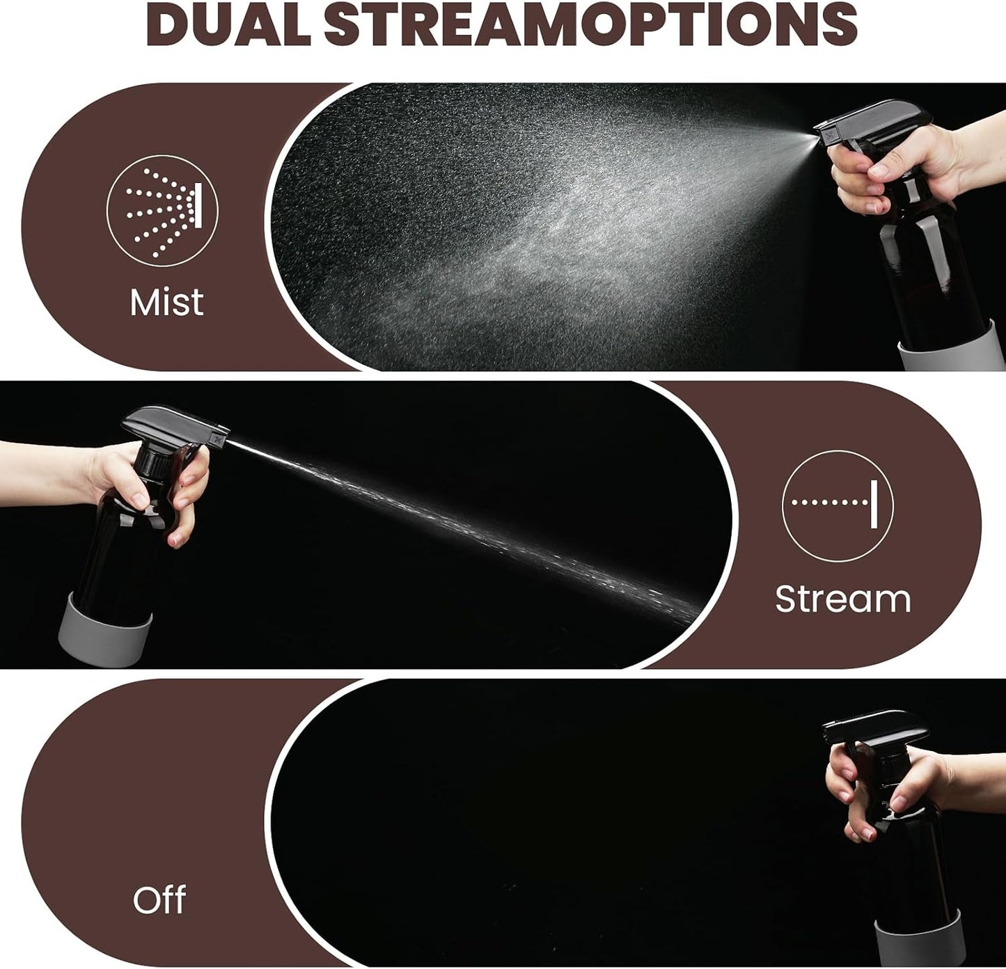 Glass Amber Spray Bottles with Silicone Sleeve, 2 Pack 16.9oz Refillable Containers with Adjustable Spray Nozzles, Empty Spray Bottle for Cleaning Solutions, Hair, Plants, Essential Oils (Black+Grey)