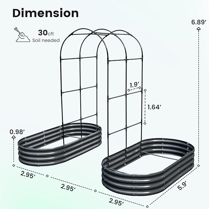 KING BIRD Raised Garden Bed with Arched Trellis Galvanized Planter Garden Box Outdoor for Gardening, Climbing Vegetables, Flowers 5.9x2.95x0.98 Ft 2PCS, Dark Grey