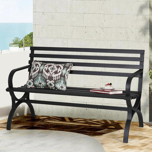 PHI VILLA Outdoor Garden Bench, 48” Long Metal Steel Bench with Backrest and Armrests, Modern Slatted Design for Patio, Lawn, Yard, Porch - Black