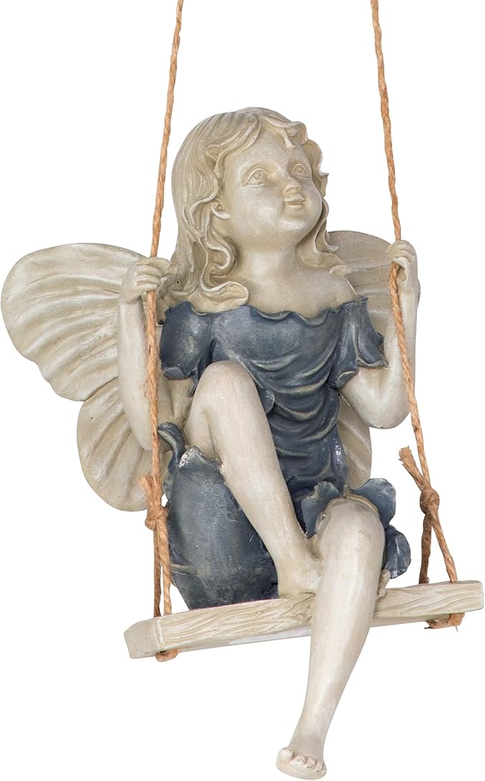 Design Toscano EU42046 Summertime Fairy on a Swing Hanging Statue, 11 Inch, Polyresin, Two Tone Stone