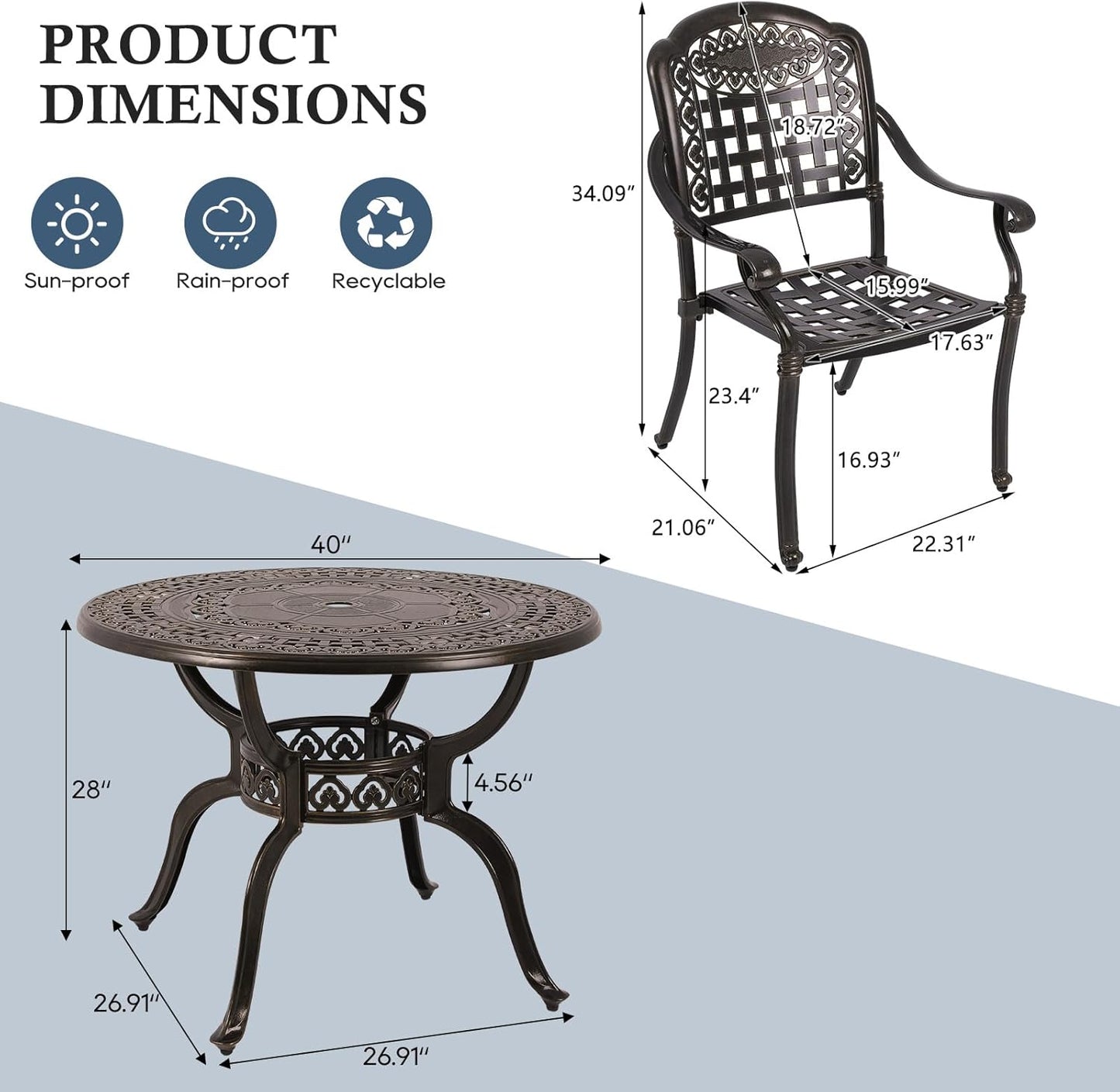 Cast Aluminum Outdoor Patio Dining Set, All Weather Outdoor Furniture Dining Set for Patio, Balcony, Lawn, Garden, Backyard (1 Round Table(40 inch)+4 Dining Chairs)