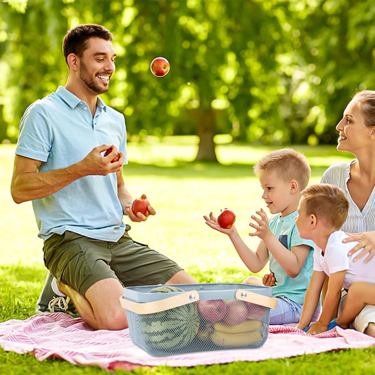 Portable Mesh Harvest Basket - Natural Bamboo Handle Foldable Organizer for Kitchen, Garden & Picnic | Ventilated Storage Bin with Rust-Proof Wire, Space-Saving Farmhouse Decor (Blue)