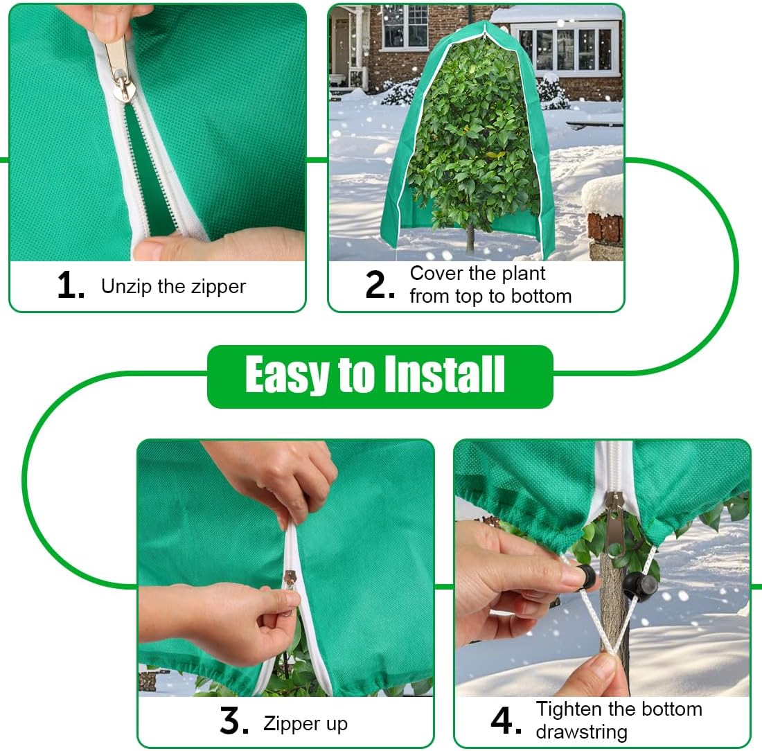 4-Pack Plant Covers Freeze Protection, Frost Covers with Zipper Drawstring, Plant Protectors from Animals, Outdoor Winter Frost Cold Weather Shrubs Trees Jacket Covers (31.5" x 47.3",Green)