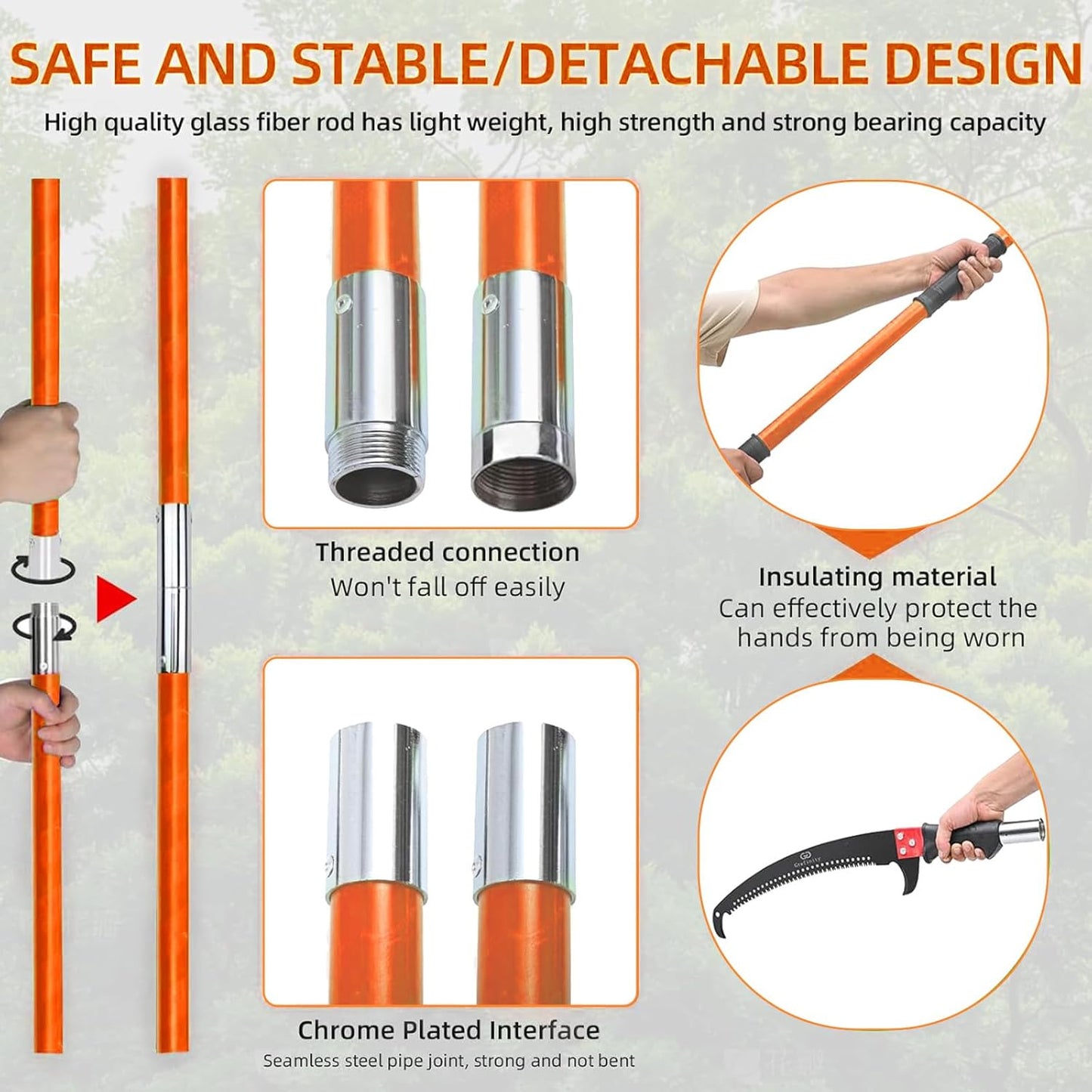27FT Manual Pole Saw, Tree Branch Trimmer with 8-Section Fiberglass Handle, Sharp Steel Blade, Lightweight Extendable Design for High Branch Trimming, Orange