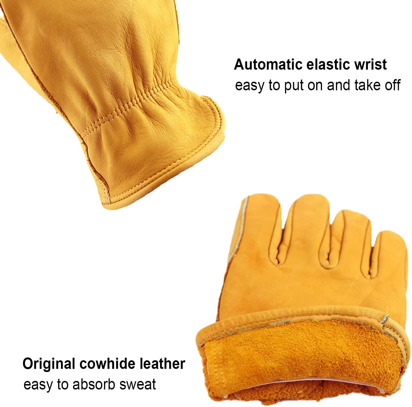 OZERO Leather Work Gloves: 3 Pairs Heavy Duty Work Glove Tough Cowhide Driver Gloves for Construction Gardening Yard Work Truck Driving Farming DIY Gold Medium