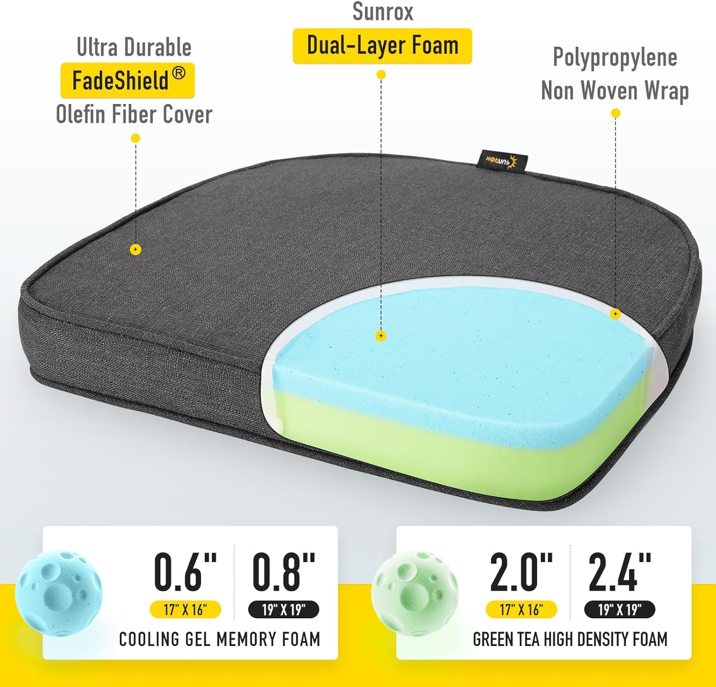 SUNROX Gel Memory Foam Chair Cushions, FadeShield Water-, Stain-Resistant Durable Reversible Seat Cushion Pads with Ties for Indoor/Outdoor Kitchen Dining Office 17"x16" Set of 2, Midnight