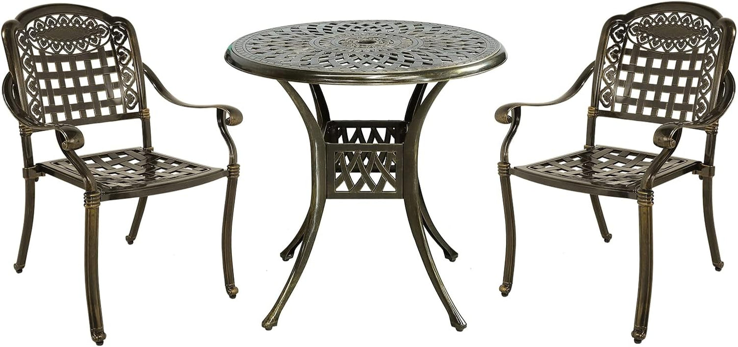 MEETWARM 3 Piece Patio Bistro Set, Outdoor All-Weather Cast Aluminum Dining Furniture Set Includes 2 Chairs and a 31” Round Table with Umbrella Hole for Garden Deck