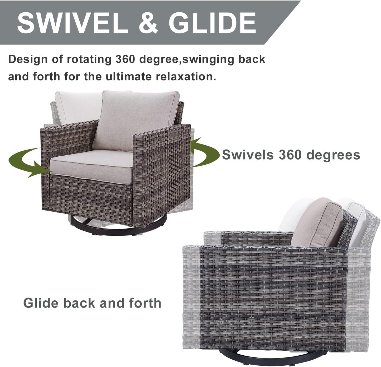 HUMMUH Patio Swivel Chairs Set of 2,PE Wicker Outdoor Rocker Chairs Bistro Set Porch Balcony Furniture with Beige Cushions