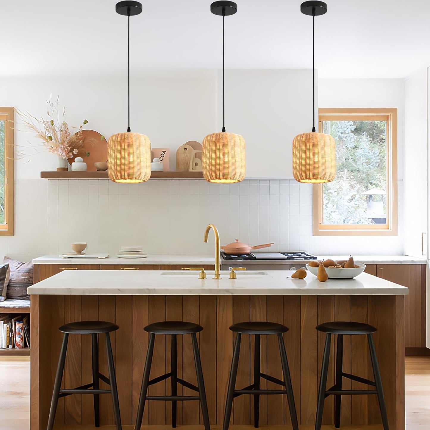 TeruTeru Ji Kaikang 3-Pack Mini Rattan Pendant Light,7.87" Rustic Bamboo Hanging Light Hand-Woven Rattan Chandelier for Dining Living Bedroom Kitchen Farmhouse