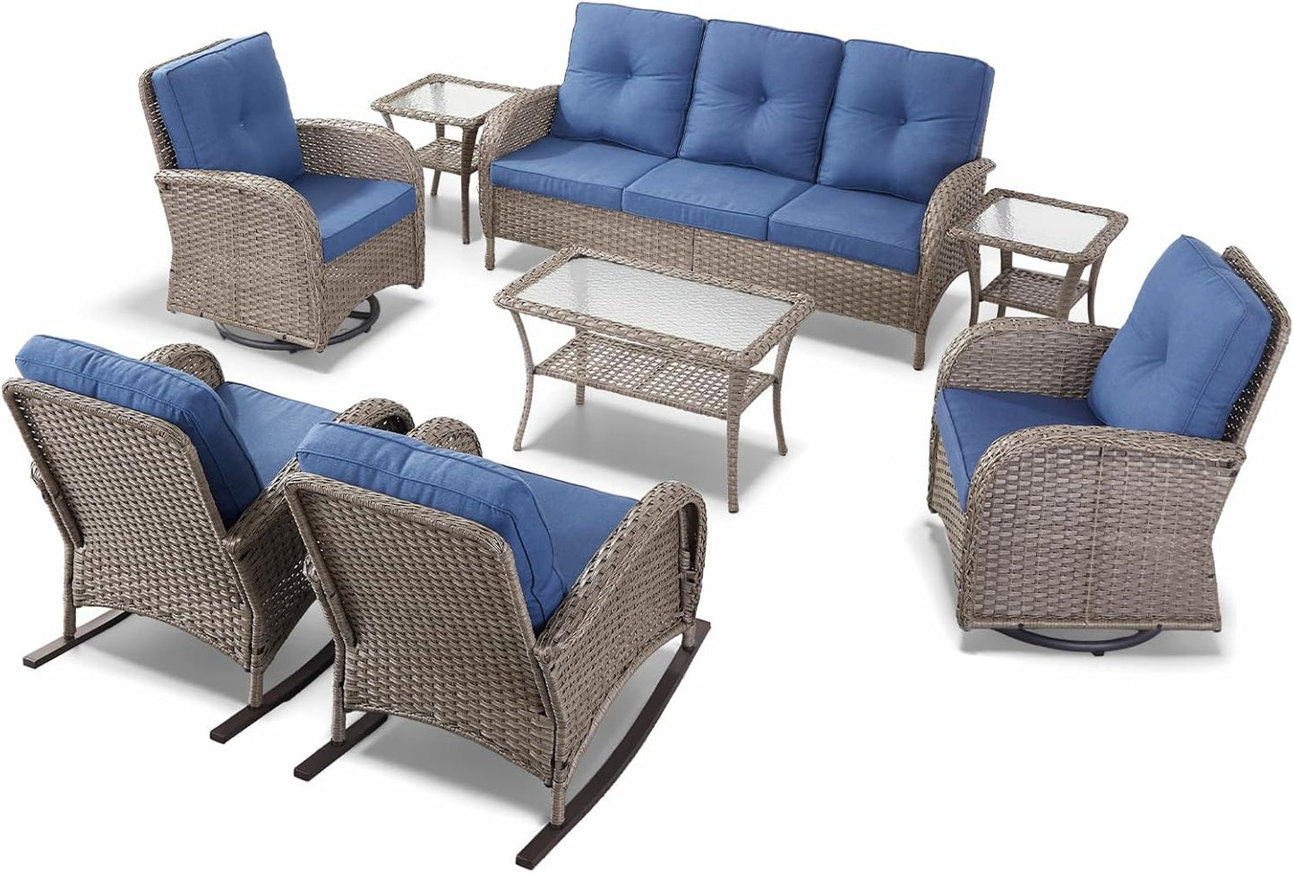 Outdoor Furniture-8 Piece Wicker Patio Furniture Set with Patio Swivel Chair Wicker Rattan Couch with Outdoor Rocking Chair Patio Conversation Set for Deck Lawn Porch Balcony Poolside-Grey/Blue