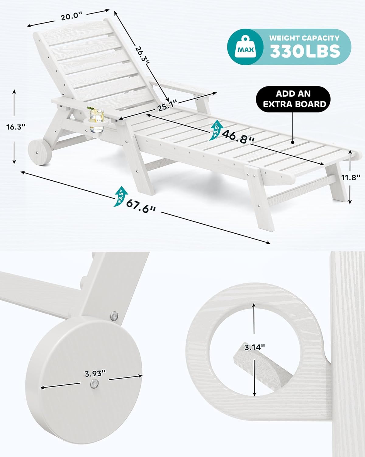 SERWALL Patio Chaise Lounge Chair Set of 6, 5 Positions Adjustable Poly Outdoor Lounge Chair for Pool, HDPE Lounge Chair with Rolling Wheels & Cup Holder for Poolside, Deck, White