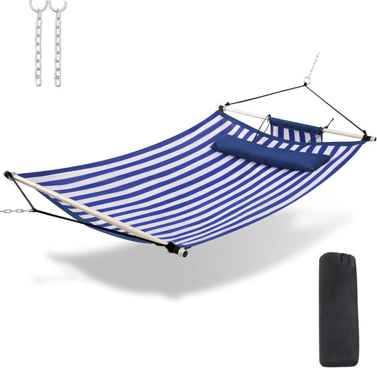 TegerDeger Anti-flip 12FT Hammock Large Hammock 450LB Capacity with Iron Spreader Bar & Nylon Rope for Outside, Patio, Garden, Backyard, Beach - Blue Strips