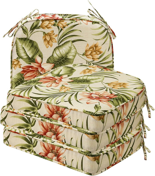 Round Corner Seat Cushions, 17" x 16" x 2", Set of 4, Indoor Outdoor Water Repellent Universal Chair Pads with Ties for Patio Furniture, Garden Deck Dining Chairs, Leaf and Flower