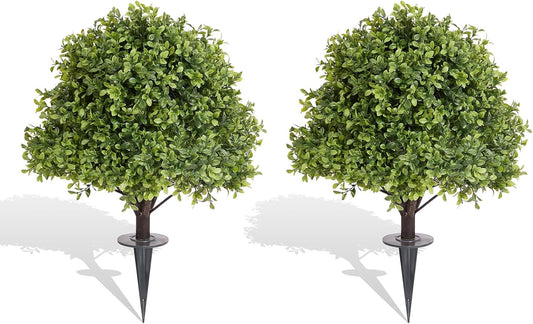 27" Tall Artificial Boxwood Ball Topiary Trees Set of 2, UV Resistant Large Faux Plants Outdoor, 2ft Fake Bushes and Shrubs Look Real with Ground Spike for Front Porch Outside Planter Backyard Decor