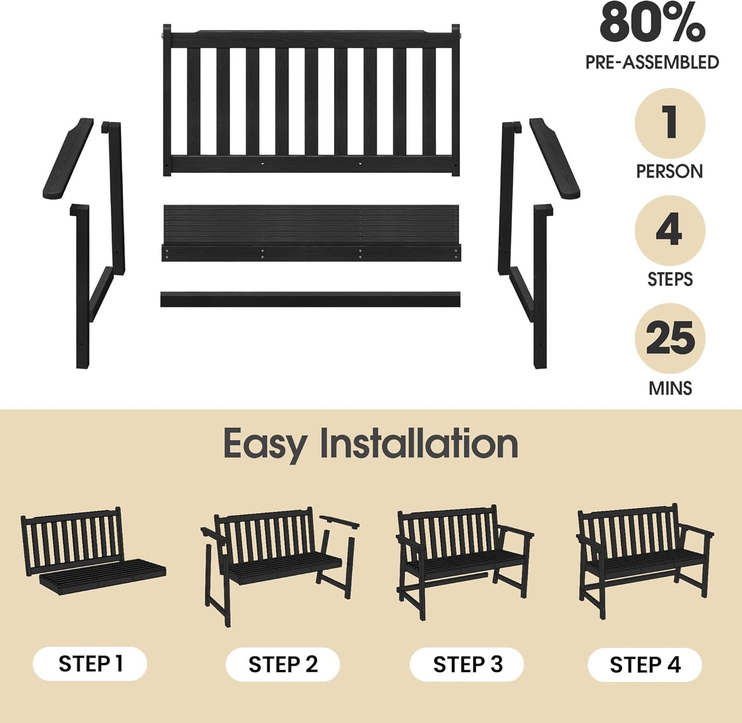 Ciokea 44" Outdoor Bench, HDPE Weatherproof Garden Bench, 2-Person Porch Benches with 550 Lbs, Waterproof Patio Benches for Outside Balcony Deck Backyard, Black