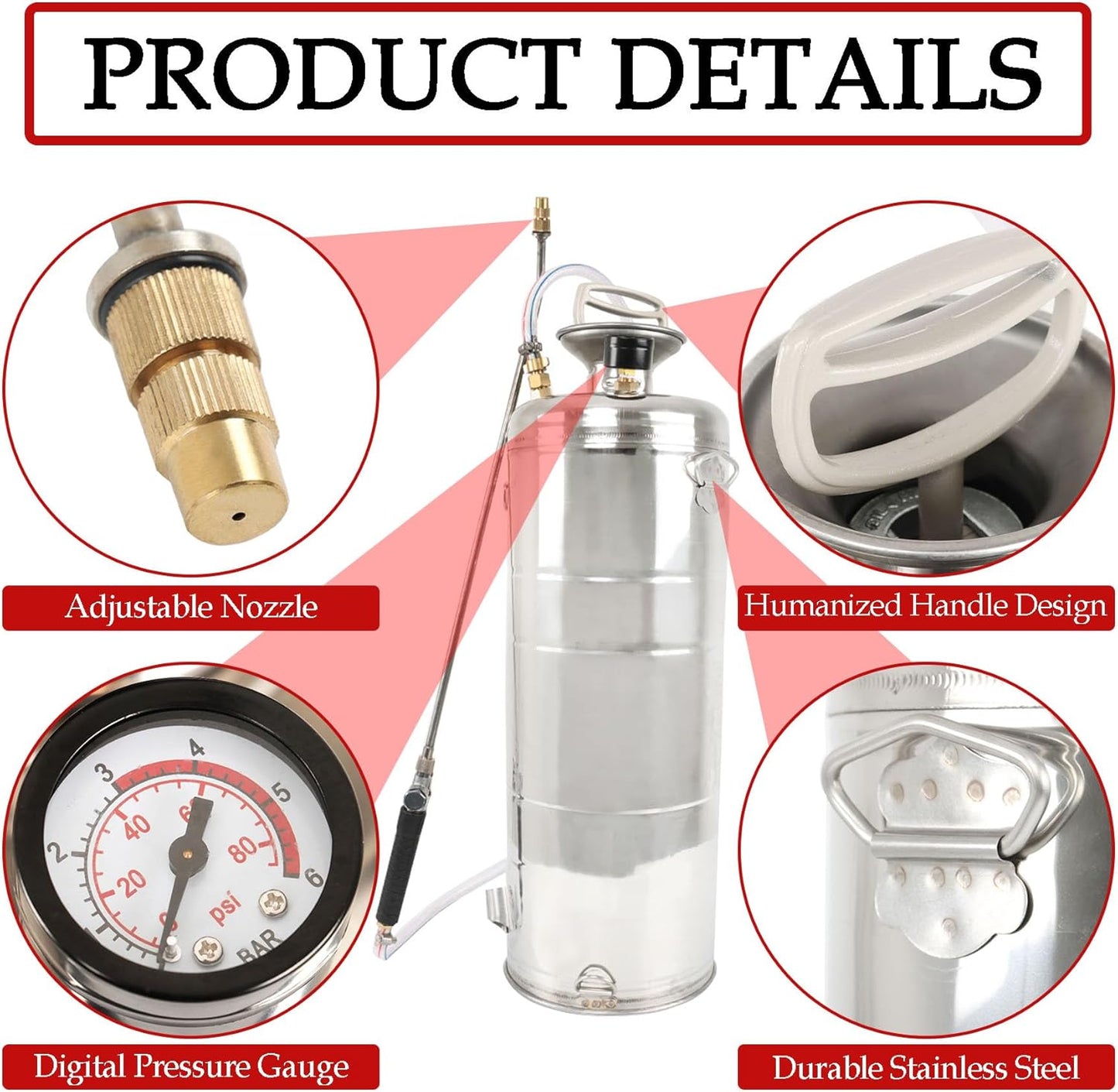 Hand Pump Sprayer Stainless Steel Sprayer for Indoor and Outdoor 2 Gallon Sprayer 20 in Wand 3.3 FT Hose