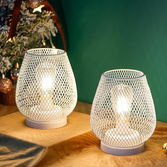 JHY DESIGN Set of 2 Metal Cage LED Lanterns Battery Powered Cordless Accent Light with LED Great for Weddings Parties Patio Events for Indoors Outdoors(White)