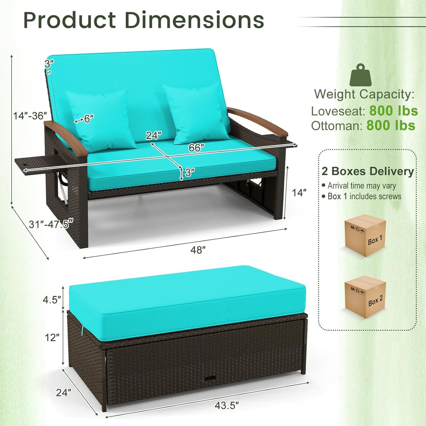 Tangkula Patio Rattan Daybed Set with Cushioned Loveseat and Storage Ottoman, Outdoor Double Chaise Lounger with 4-Level Adjustable Backrest and Retractable Side Trays for Backyard (Turquoise)